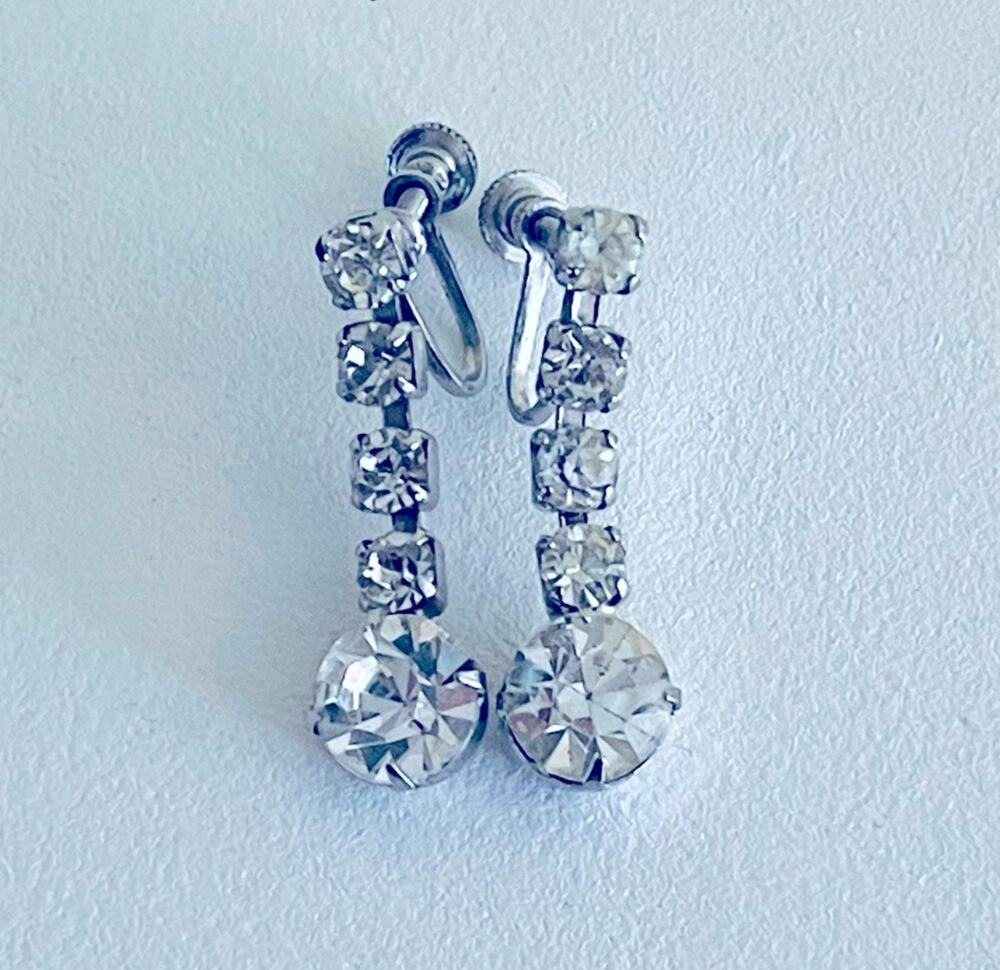 Vtg Clear Rhinestone Mid-Century EARRINGS Screw-back Formal Bride MCM